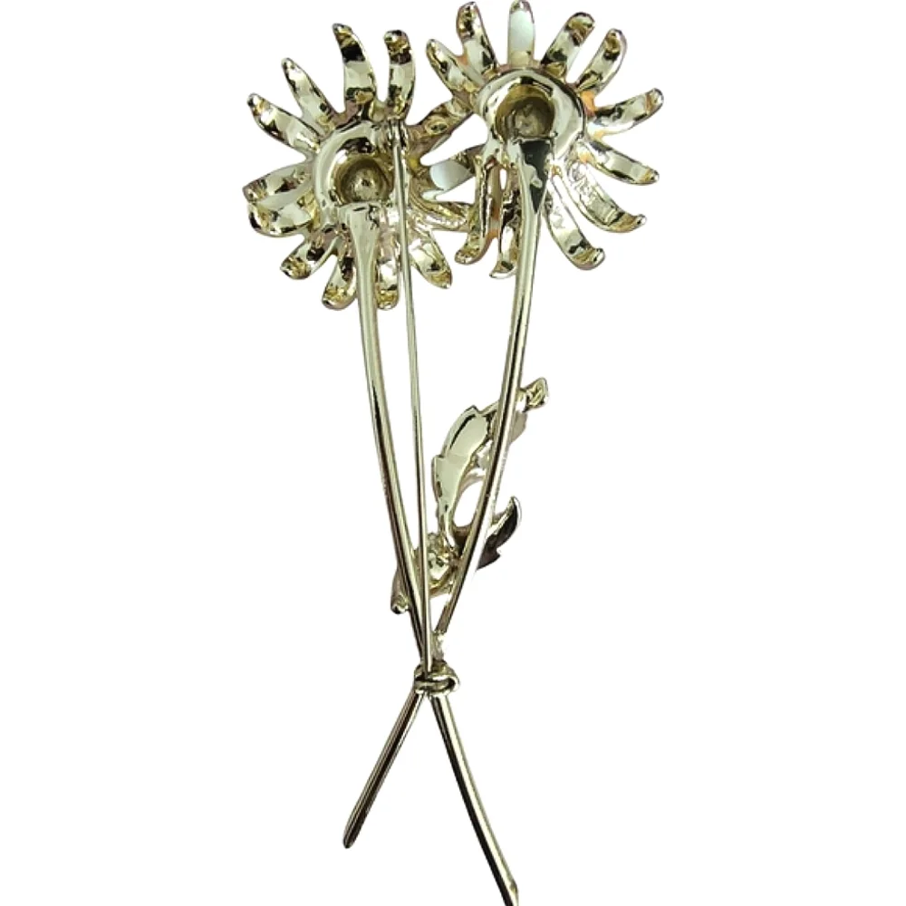 BSK Daisy Floral Brooch With Rhinestone & Gold Accents